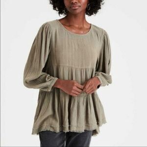 American Eagle Tiered Babydoll Top Long Sleeve Olive Green Oversized Sz Small